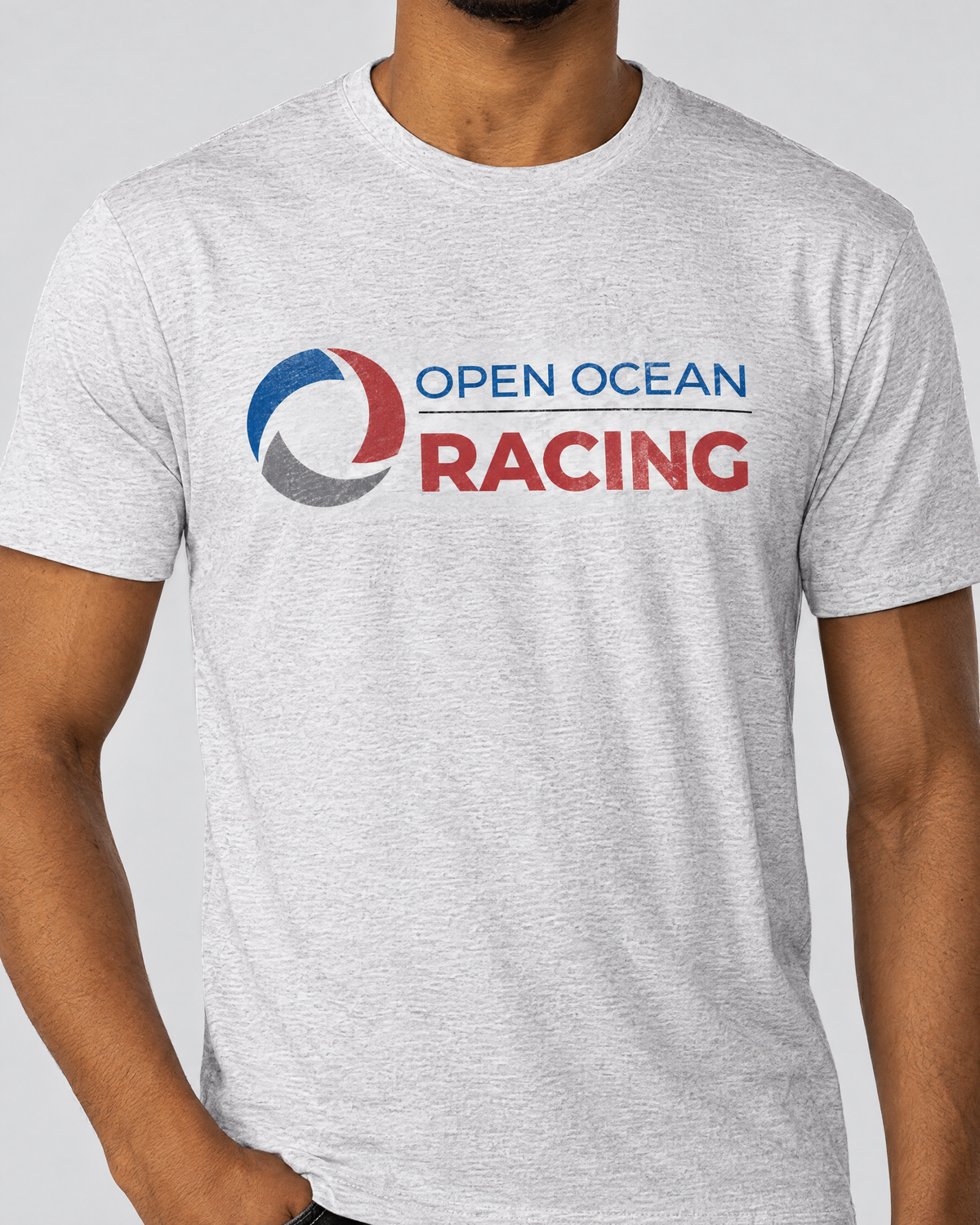 Heather white tee with the Open Ocean Racing logo across the chest