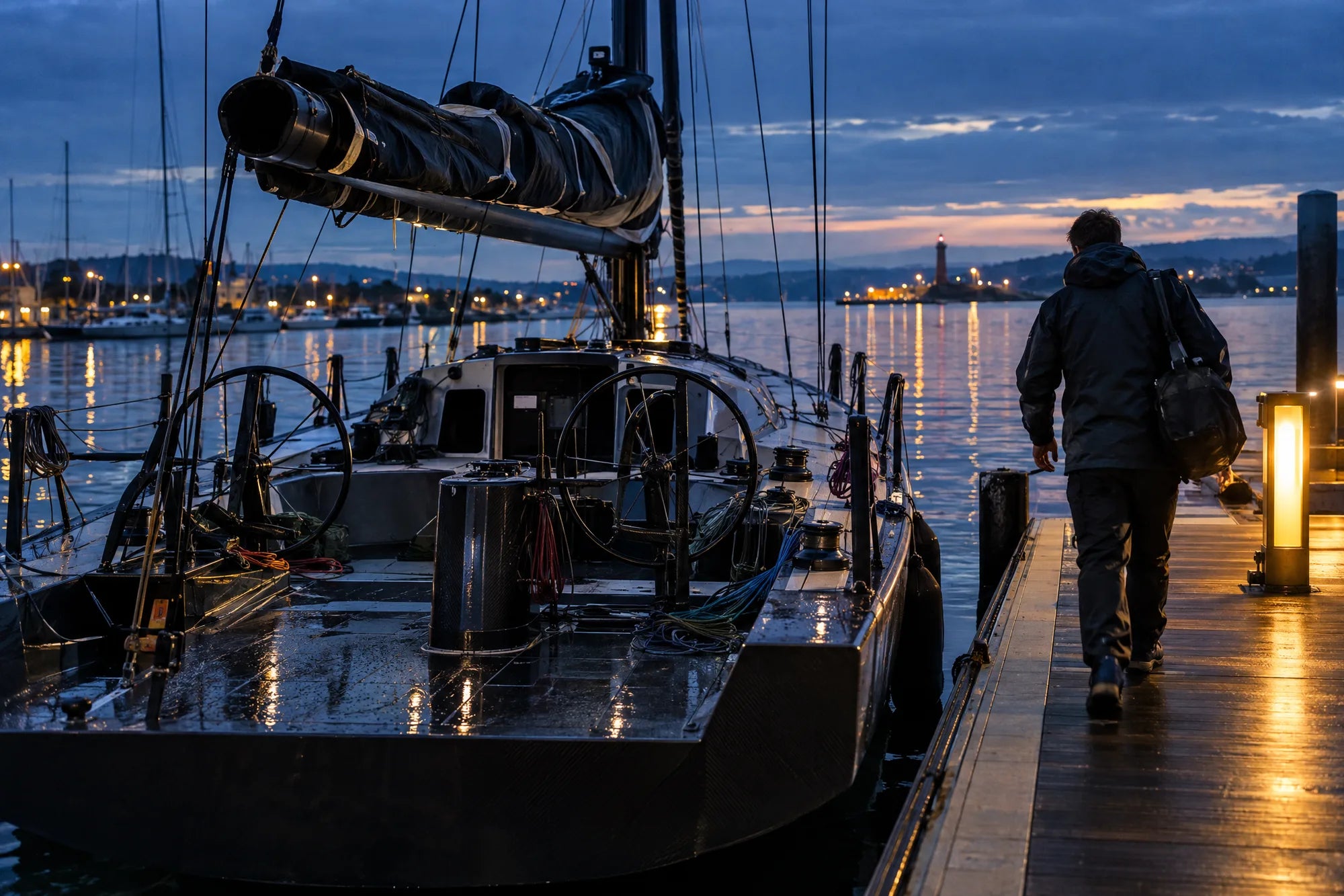 A sailor stepping ashore from an offshore racing yacht at dusk.